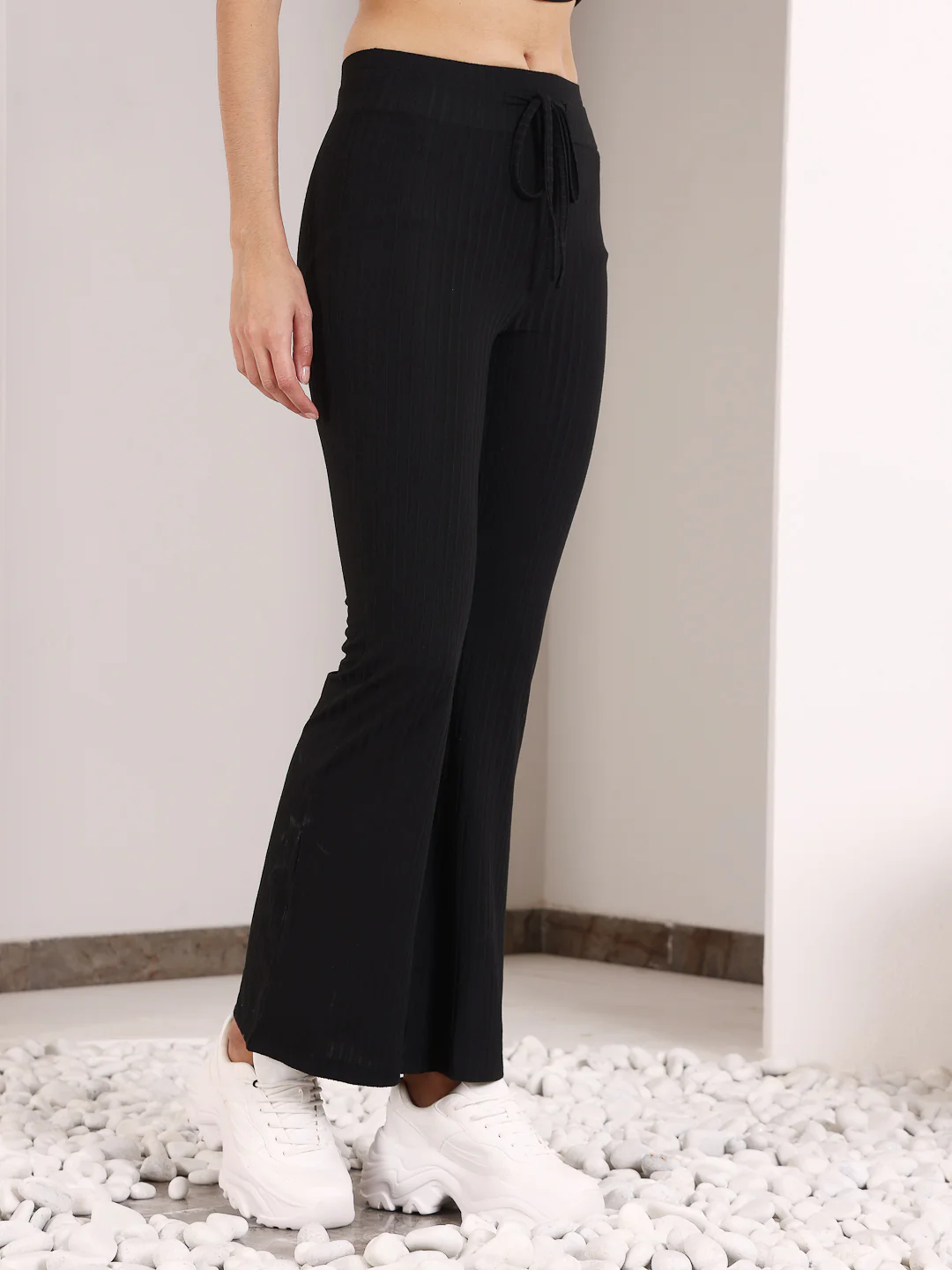 Black Rib Drawstring Flare Pants - Image 3
