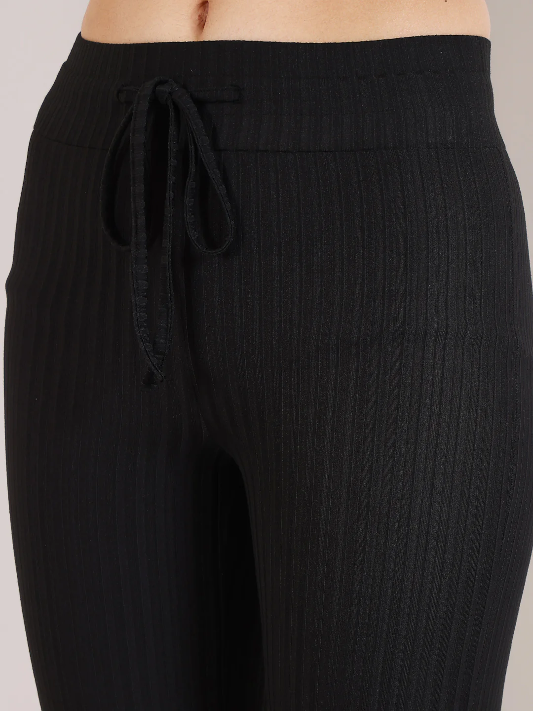 Black Rib Drawstring Flare Pants - Image 4