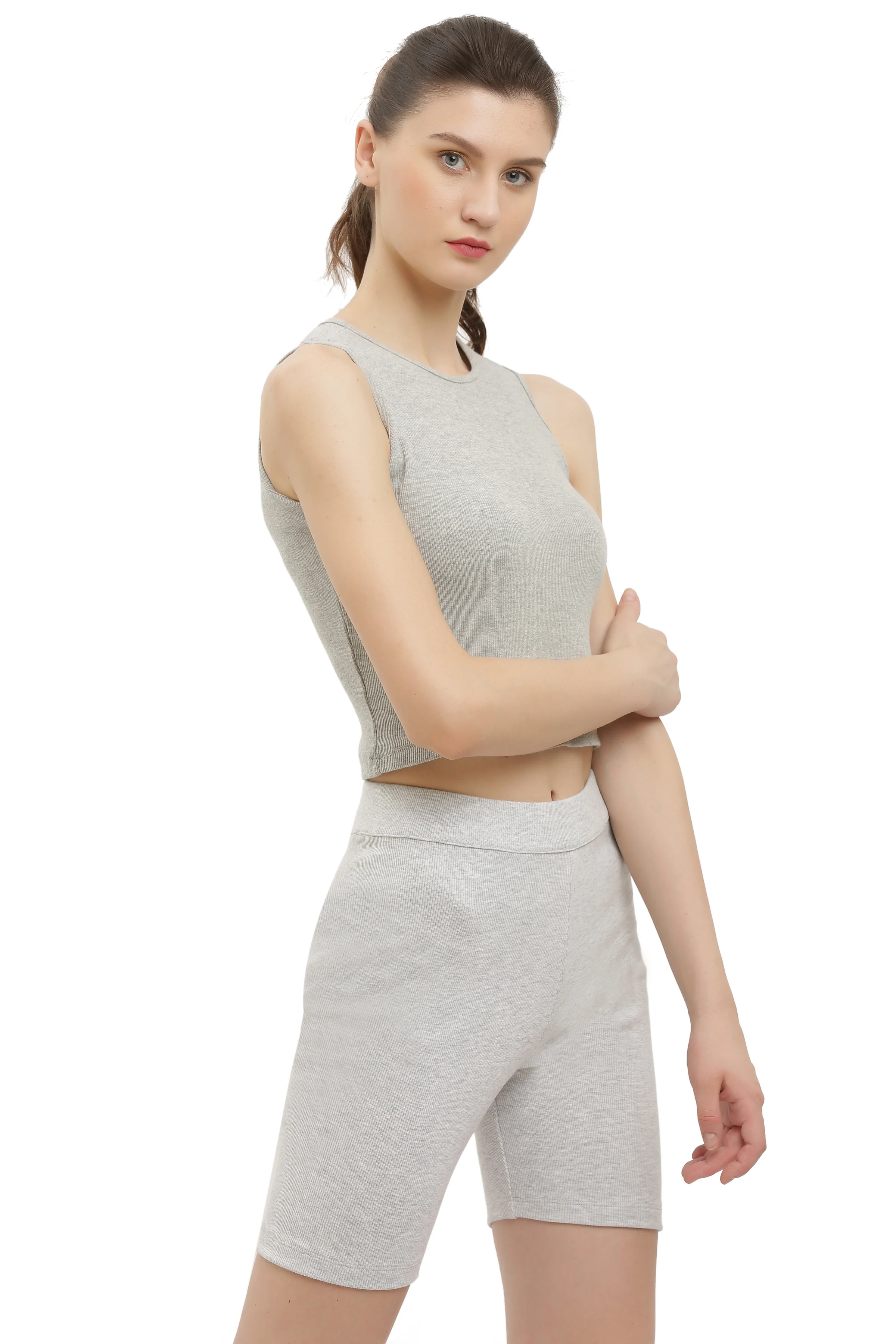 Grey Ribbed Sleeveless Crop Top - Image 3