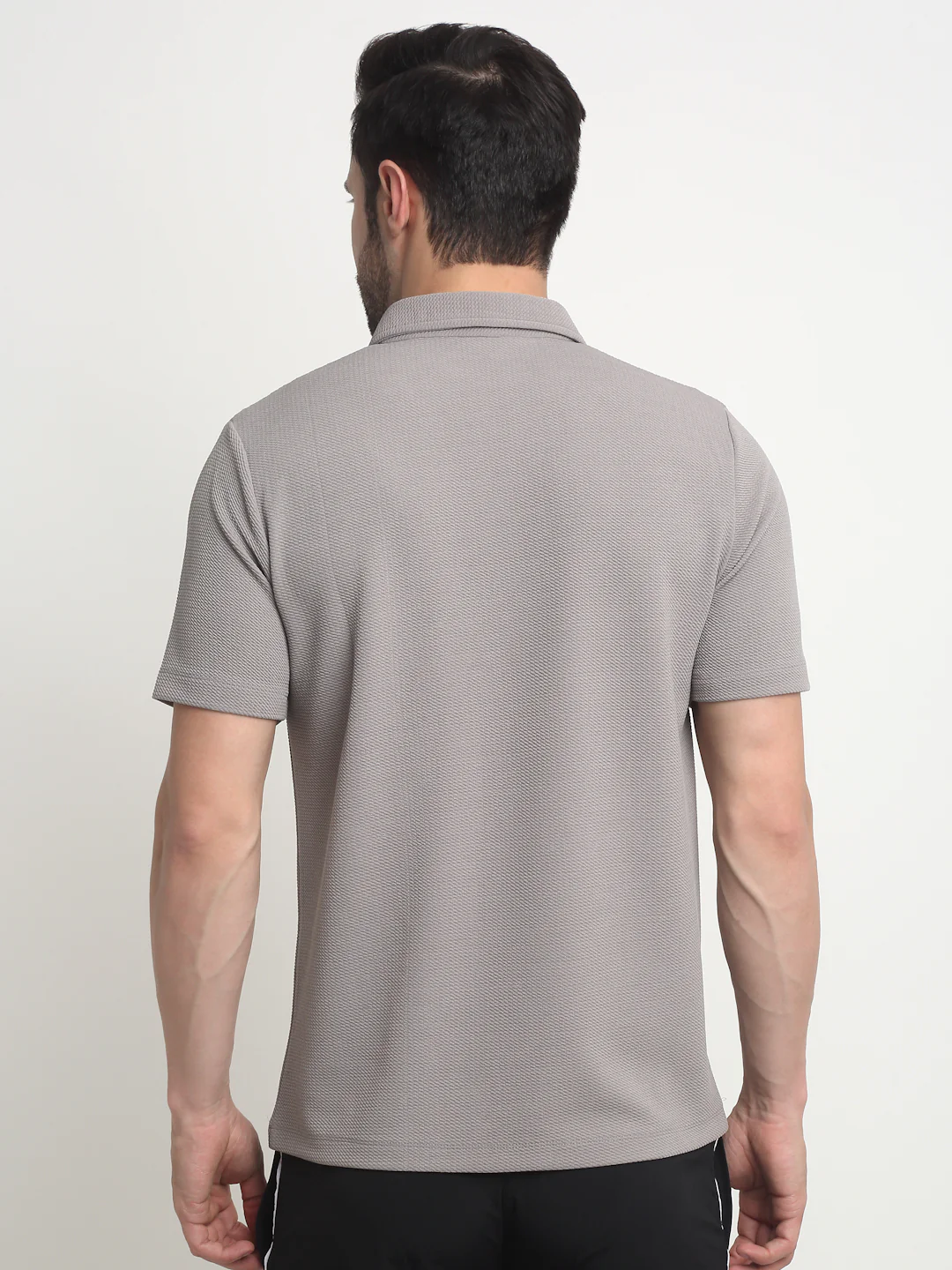 Grey waffle knit polo t-shirt - Image 3
