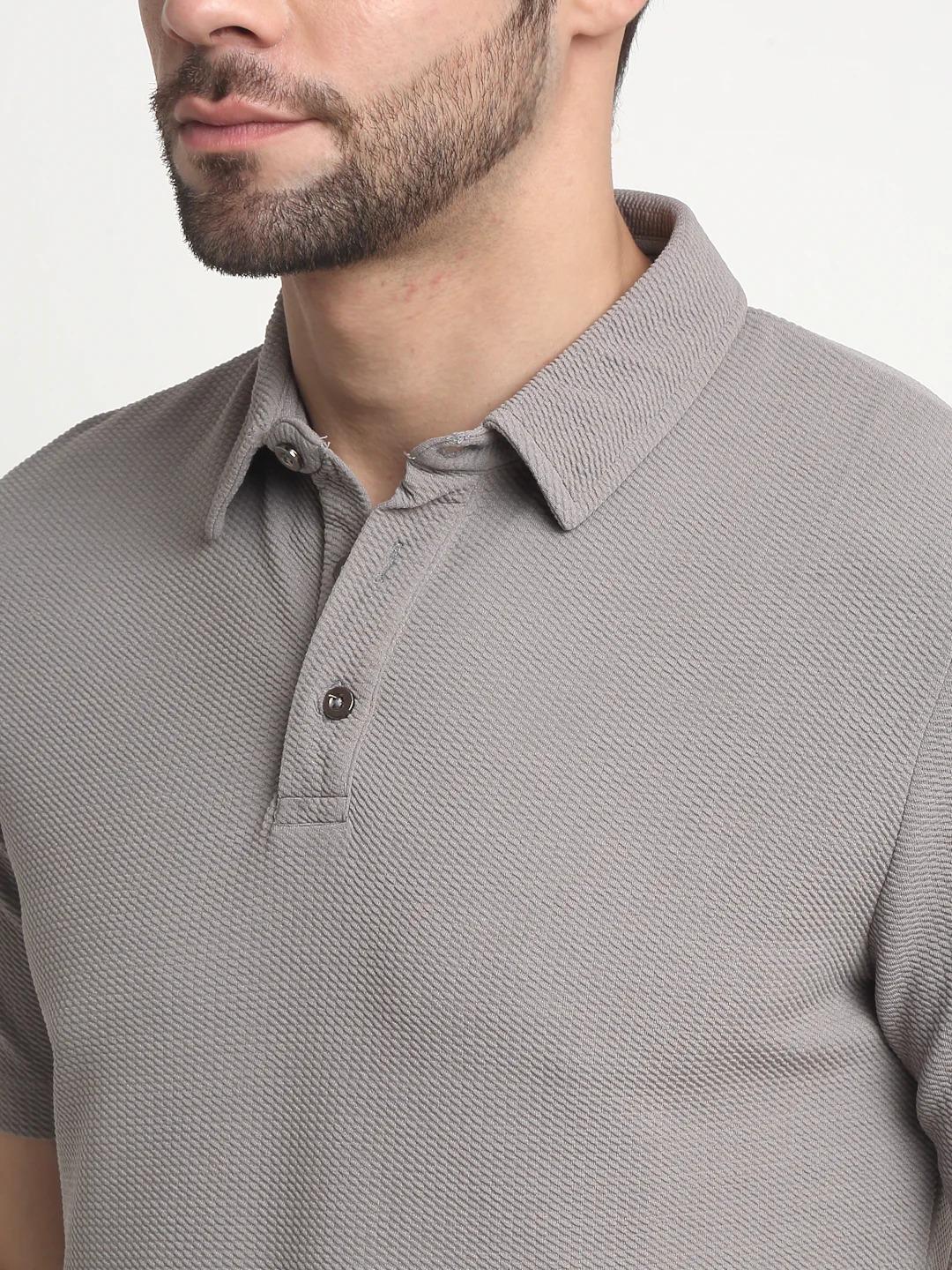 Grey waffle knit polo t-shirt - Image 4