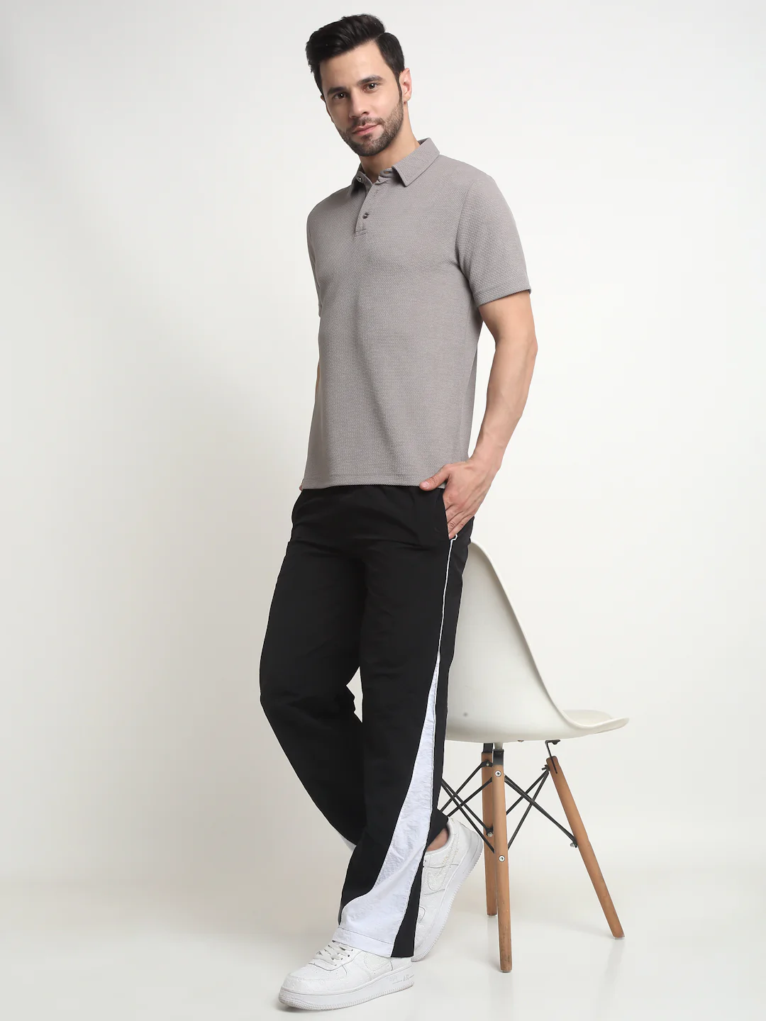 Grey waffle knit polo t-shirt - Image 5