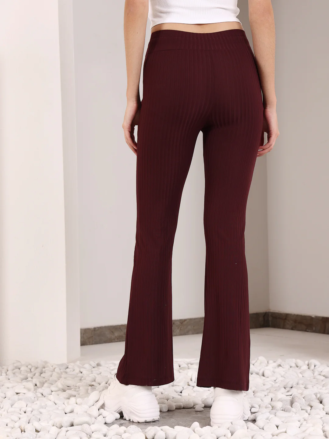 Maroon Rib Drawstring Flare Pants - Image 3
