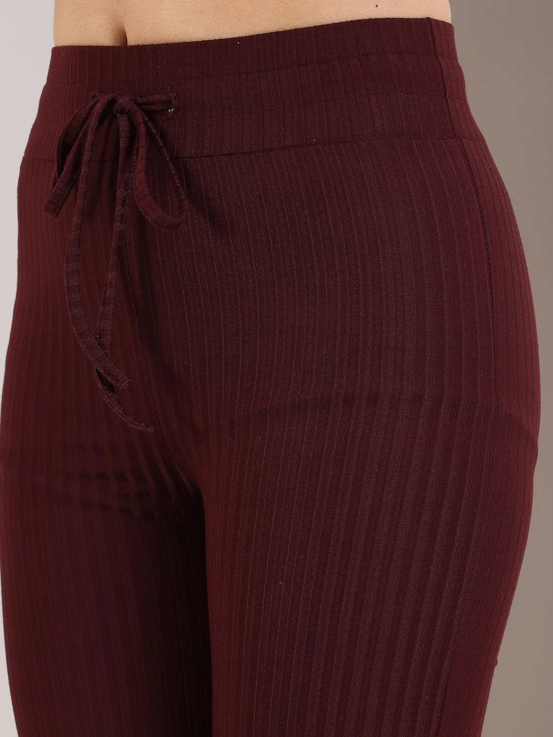 Maroon Rib Drawstring Flare Pants - Image 5