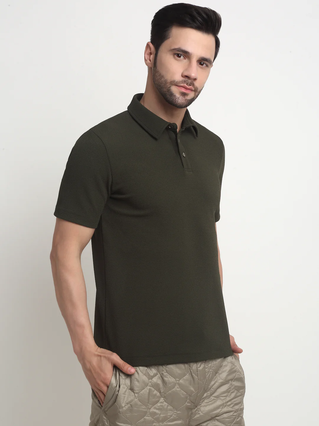 Olive waffle knit polo t-shirt - Image 4